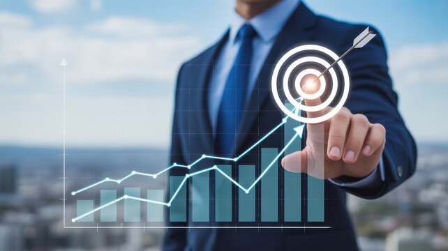 Businessman pointing to a glowing target on a rising financial graph with upward trend and city skyline background