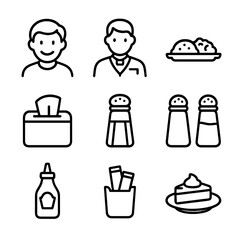 Canteen Icon Set. Outline icon set of canteen dining experience: smiling customer, waiter, food serving, napkin holder, salt