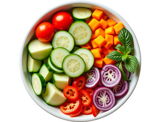 Freshly Cut Vegetables In A White Bowl isolated on a transparent background cucumber tomato