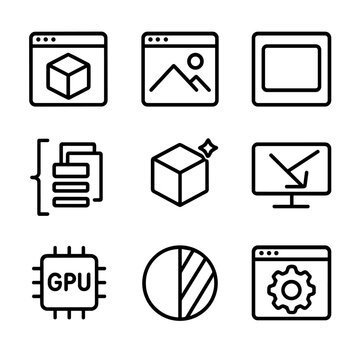 3D Render Icon Set. Outline icon set of rendering output: 3D render, image render, frame buffer, render queue, real-time preview,