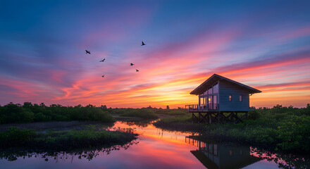 Fototapeta premium Sunset cabin landscape nature river reflection birds flying peaceful sky beautiful scenery travel 100
