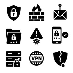 Cybersecurity Icon Grid. Solid, filled icons set of cybersecurity for digital marketing and advertising
