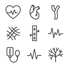 Cardiovascular Icon Set. Outline icon set of cardiovascular pulse: heart, artery, vein, capillary, blood flow, pulse wave, blood