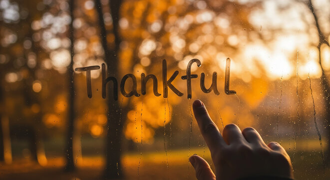 Autumn landscape with warm light and hand writing thankful on a foggy window