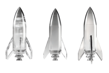 Collection of starship rockets and starlink satellites isolated on transparent background. Transparent glass rocket models in various angles, 3D Rendering.