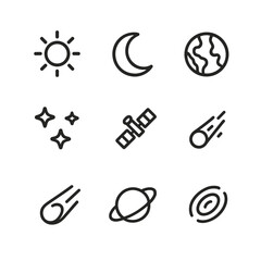 Celestial Icons Set. Outline icon set of celestial bodies: sun, moon, earth, stars, satellite, comet, meteor, planet, galaxy. Line