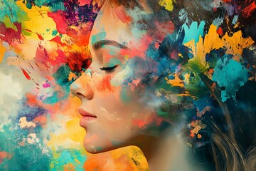 Colorful Abstract Face Art, Expression Through Paint and Texture
