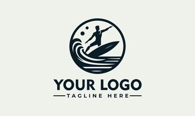 Silhouette of a surfer riding a wave in a circular frame, with text placeholders below.