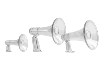 Collection of silver megaphones isolated on transparent background. Transparent megaphones in various angles on a white background, 3D Rendering.