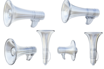 Collection of silver megaphones isolated on transparent background. Transparent megaphones in various angles on a white background, 3D Rendering.