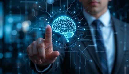 Business Professional Pointing at Digital Brain Interface with Circuit Connections