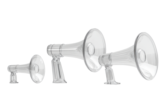 Collection of silver megaphones isolated on transparent background. Transparent megaphones in various angles on a white background, 3D Rendering.