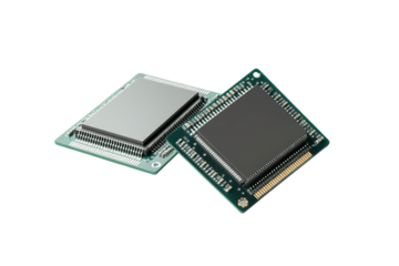 Two computer processors isolated on transparent background. Two computer processor chips shown from different angles isolated on a white background, 3D Rendering.