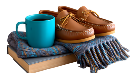 Moccasins with knit scarf, coffee mug, and book, cozy indoor theme, isolated,