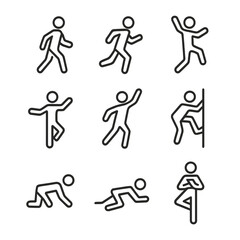 Naklejka premium Human Movement Icons. Outline icon set of human movement: walking, running, jumping, dancing, climbing, crawling, swimming,