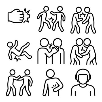 Human Impact Icons. Outline icon set of human impacts: punch, kick, collision, fall impact, slap, headbutt, shove, impact injury,