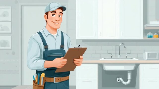 Art illustration friendly plumber standing in modern kitchen. Man holds clipboard, tool belt, plumbing task. Home improvement, services, handyman solutions. Worker person.