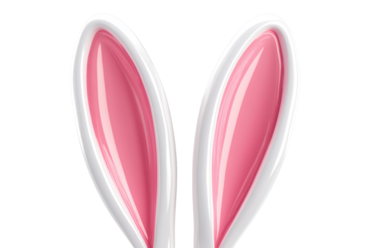 Close up of fluffy pink and white bunny ears isolated on transparent background. White and pink bunny ears smooth glossy texture isolated on a white background, 3D Rendering.