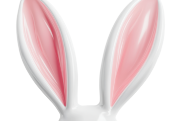 Close up of fluffy pink and white bunny ears isolated on transparent background. White and pink bunny ears smooth glossy texture isolated on a white background, 3D Rendering.