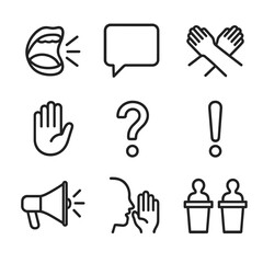 Obraz premium Conflict Communication Icons. Outline icon set of conflict communication: shouting mouth, speech bubble, crossed arms, stop hand,
