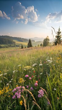 Fototapeta Summer natural meadow full of wildflowers and grasses on a beautiful sunny day