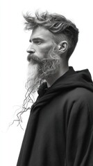 Bearded man wearing black cloak and showing braided beard in profile view