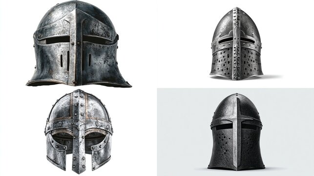 Four battle-worn medieval helmets with visors & decorative rivets on a white backdrop