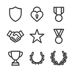 Outline Icon Set. Outline icon set of trust and loyalty bonds: shield, heart lock, ribbon, medal, handshake, star, medal, trophy,