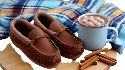 Moccasins with cozy blanket, cinnamon sticks, and hot chocolate mug, warm winter concept,