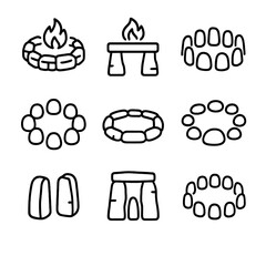 Ceremonial Stone Icons. Outline icon set of ceremonial stone rings: fire pit circle, stone altar with fire, ritual site, sacred