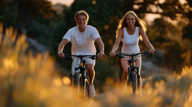 Couple enjoying a lighthearted moment while walking their bicycles during golden hour. Warm and joyful scene ideal for lifestyle, cycling, outdoor activities, romance, and travel content
