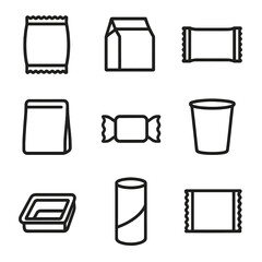 Snack Packaging Icons. Outline icon set of snack packaging: chip bag, snack box, plastic wrap, resealable pouch, candy wrapper,
