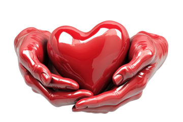 Red heart held gently in two hands isolated on transparent background. Hand holding a red heart illustration symbolizing care love and compassion isolated on white background, 3d rendering.