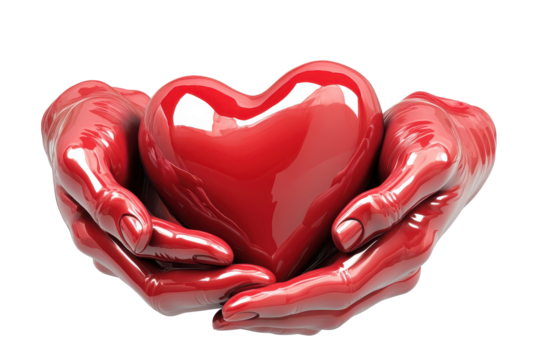 Red heart held gently in two hands isolated on transparent background. Hand holding a red heart illustration symbolizing care love and compassion isolated on white background, 3d rendering.