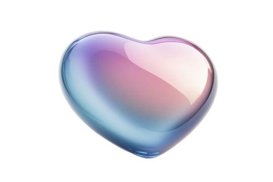 Iridescent heart shape with pink and blue hues isolated on transparent background. Heart featuring pastel gradient colors in blue pink and purple isolated on white background, 3d rendering.