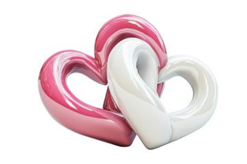 Interlocking pink and white hearts sculpture isolated on transparent background. Two intertwined hearts one pink and one white isolated on white background, 3d rendering.