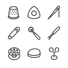 Costume Workshop Tools. Outline icon set of costume workshop tools: thimble, fabric chalk, hand needle, safety pin, tracing wheel,