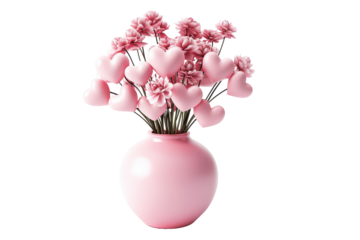 Pink heart shaped marshmallows in a vase isolated on transparent background. Bouquet featuring various heart shaped elements in a pink vase symbolizing love and unity isolated on white background.