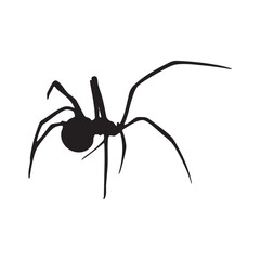 Isolated black spider on transparent background. Simple icon. Black spider silhouette. Halloween decorative elements. Sticker with black spider. Spooky horror design elements. Vector illustration.