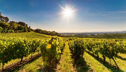 bright sunlight filtering through grapevines with lush green leaves in a vineyard during a sunny day