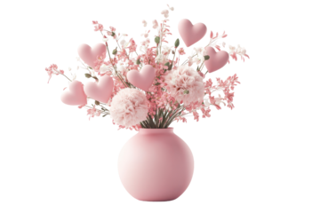 Pink heart shaped marshmallows in a vase isolated on transparent background. Bouquet featuring various heart shaped elements in a pink vase symbolizing love and unity isolated on white background.