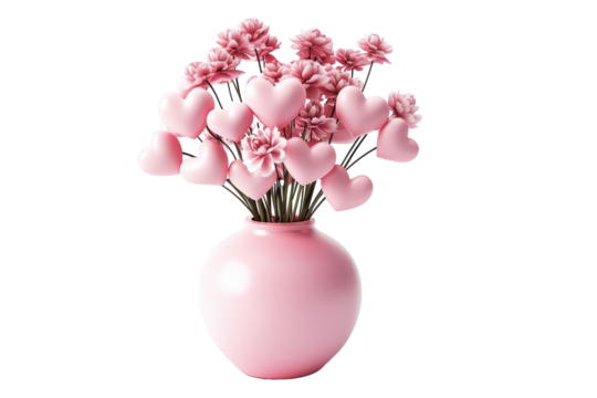 Pink heart shaped marshmallows in a vase isolated on transparent background. Bouquet featuring various heart shaped elements in a pink vase symbolizing love and unity isolated on white background.