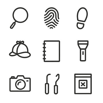 Investigation Icon Set. Outline icon set of clue investigation tools: magnifying glass, fingerprint, footprint, detective hat,