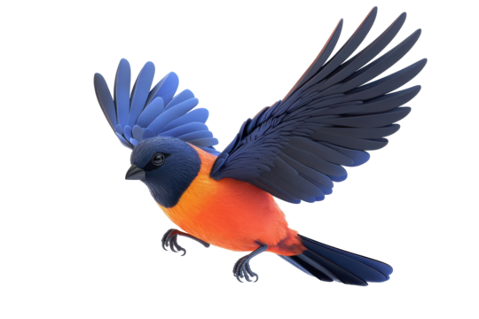 Colorful bird with wings spread flying isolated on transparent background. Colorful bird with dark blue wings and a red orange body showcasing a simplistic isolated on white background.
