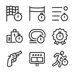 Sports Timing Icons. Outline icon set of sports timing: lap timer flag, finish line with stopwatch, split indicator, podium with