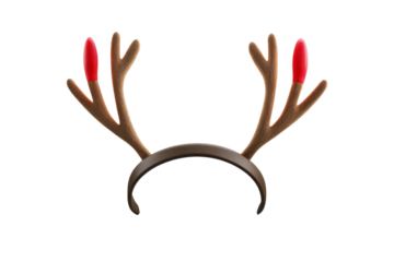 Red glitter reindeer antlers headband isolated on transparent background. Festive reindeer antler headband with red ears isolated on white background.