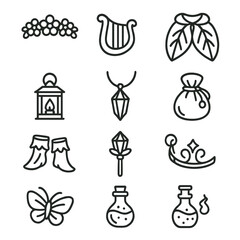 Sprite Magic Icon Set. Outline icon set of sprite accessories: flower crown, tiny harp, leaf cloak, glowing lantern, crystal