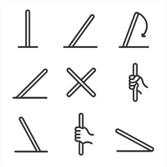 Staff Icon Set. Outline icon set of staff positions: held upright, rested on ground, twirling, pointed, crossed, raised high,