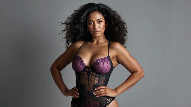 Confident afro american woman in elegant lace lingerie posing against neutral background. Concept of beauty and sensual femininity