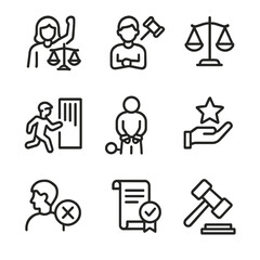 Fototapeta premium Icons of Justice and Agriculture. Outline icon set of trial outcomes: victory, defeat, draw, escape, punishment, reward, exile,